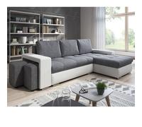 Canapé Angle Convertible Simon Blanc / Gris + 2 Poufs Gris