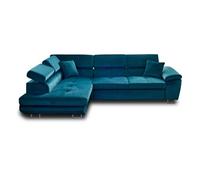 Best mobilier – Canapé d'angle gauche convertible Dimas velours bleu 5 places têtières réglables