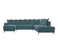 Lena - canapé d'angle panoramique convertible - avec coffre - 7 places - droit - Bleu turquoise