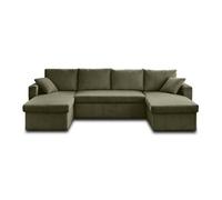 Best Mobilier Canapé panoramique en U Cyrus 7 places convertible avec coffre en velours côtelé Vert