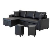 Happy Garden Canapé d'angle convertible Tony 3 pl. méridienne réversible, coffre, poufs, simili noir