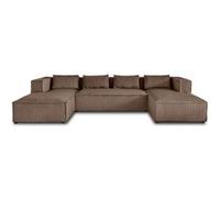 Lisa Design - Canapé Panoramique en U Stella en Velours Côtelé - Grand Sofa XXL Gris Taupe 7 Places - Salon