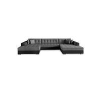 Menzzo Canapé panoramique d’Angle Convertible Vento - Simili Noir & Tissu Gris foncé - Grand canapé en U 7 Places - Couchage intégré - L355 x P165 x H80 cm