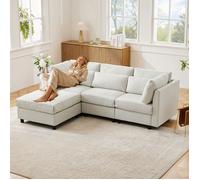 Canape angle réversible 3 places,tissu en lin, Canapé d'angle pas cher,canape d'angle avec repose-pieds,beige