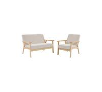 Canapé banquette 2 places + Fauteuil velours côtelé pieds bois crème