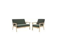 Canapé banquette 2 places + Fauteuil velours côtelé pieds bois kaki foncé