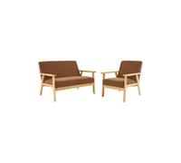Canapé banquette 2 places + Fauteuil velours côtelé pieds bois marron