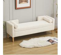 Canapé Banquette en Velours Côtelé, BOUT DE LIT avec Accoudoirs et Coffre de Rangement, 2 Coussins-152 x 53 x 58 cm-Ivoire