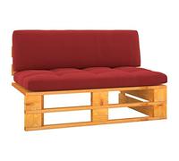 Canapé Central Palette Jardin en Bois Pin Imprégné Marron Miel avec Coussins Rouge, Canapé d'Extérieur Modulaire pour Salon de Jardin, Terrasse ou Intérieur, Confortable et Résistant aux Intempéries