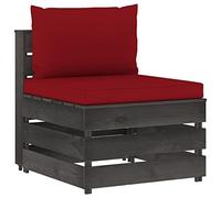 Canapé Central Sectionnel en Bois Imprégné Gris avec Coussins Rouges - Canapé Jardin Modulaire Durable pour Salon Extérieur, Terrasse ou Balcon - Ensemble Salon de Jardin Résistant aux Intempéries