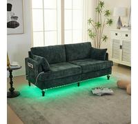 Canapé chenille moderne pieds bois éclairage LED ambiant télécommande ports USB-C/USB-A poche latérale rangement coussins mousse soutien assise dossier style minimaliste recharge instant (Vert)