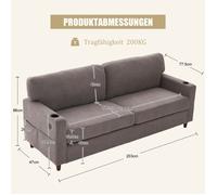 Canapé Chenille moderne pour 2 personnes avec USB-C, LED Ambiente, porte-boissons et pochettes latérales. Cadre en bois/métal avec