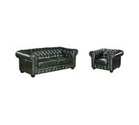 Canapé chesterfield 3 places et un fauteuil BRENTON 100% cuir de buffle - Vert empire
