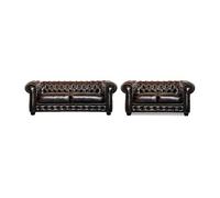 Canapé chesterfield 3+2 places BRENTON 100% cuir de buffle - Marron reflets châtains