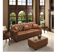 Canapé Chesterfield 3 places 210x76x86 cm simili cuir pouf mobile dossier capitonné accoudoirs roulés clous décoratifs - Marron