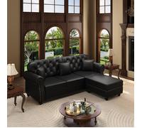Canapé Chesterfield 3 places 210x76x86 cm simili cuir pouf mobile dossier capitonné accoudoirs roulés clous décoratifs - Noir