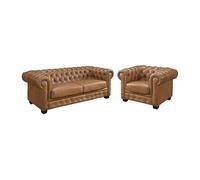 Canapé chesterfield 3 places et un fauteuil BRENTON 100% cuir de buffle premium - Caramel vintage