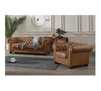 Canapé chesterfield 3 places et un fauteuil BRENTON 100% cuir de buffle premium - Caramel vintage