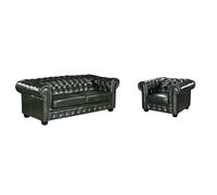 Canapé chesterfield 3 places et un fauteuil BRENTON 100% cuir de buffle - Vert empire