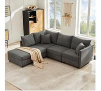 Canapé cinq places en coton et lin avec pouf et accoudoirs convertibles, canapé en forme de U, canapé de salon modulable, gris.