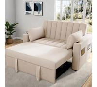 Canape Convertible 2 Places avec dossier réglable, canapé lit avec Fonction de Couchage, Canapé beige avec lit escamotable, porte-gobelets, poche de rangement,coussins,moderne,Tissu en velours