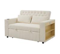 Canapé convertible 2 places,Canapé avec fonction de lit, Porte-gobelet, de chargement USB et oreiller, Chenille, Beige,140x137x84cm