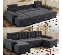 Canapé convertible 278 cm forme U USB en tissu chenille Gris