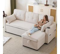 Canapé Convertible 3 Places en Forme de L, Canapé d'Angle Convertible avec Espace de Rangement et Porte-Gobelet, Canapé 3 Places Canapé Lit Moderne Design,Canapé Convertible à Gauche et à Droite,Beige