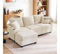 Canapé Convertible 3 Places en L avec USB C, Canapé d'angle Convertible avec Repose-pieds et Porte-Gobelet, Canapé 3 Places avec Rangement d'accoudoir et 2 Oreillers au Salon Appt Bureau, Beige