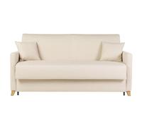 Canapé convertible 3 places en tissu beige et bois clair avec matelas 18 cm SKANDY