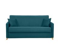 Canapé convertible 3 places en tissu bleu canard et bois clair avec matelas 18 cm SKANDY