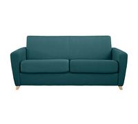 Canapé convertible 3 places en tissu bleu canard et bois clair avec matelas L140 cm 13 cm GRAHAM