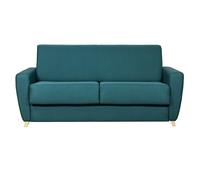 Canapé convertible 3 places en tissu bleu canard et bois clair avec matelas 18 cm GRAHAM