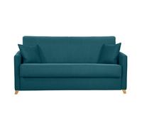 Canapé convertible 3 places en tissu bleu canard et bois clair avec matelas 18 cm SKANDY