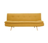 Canapé convertible 3 places en tissu effet velours jaune moutarde et bois clair SENSO