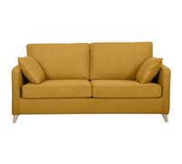 Canapé convertible scandinave 3 places en tissu jaune cumin et bois clair avec matelas 10 cm PAPEL
