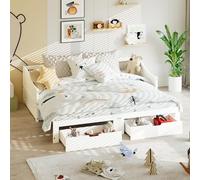 Canapé Convertible 90/180 x 200cm en Bois Massif, Lit 90 x 200 avec Sommier avec 2 Tiroirs et Accoudoirs Incurvés, LIT Gigogne Enfant Canape Lits 2 Places Convertible,Sans Matelas(Blanc-E, 90/180x200)