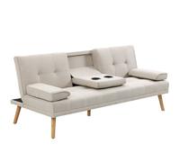 Canapé convertible 3 places design scandinave inclinaison dossier réglable 3 niveaux dossier central rabattable 2 porte-verres bois massif lin beige