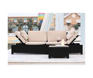 Canapé Convertible CORFOU Résine Tressée Noir Coussins Écru 210 cm | Accoudoirs relevables : passez du lit au transat en un geste, table basse assortie incluse, housses lavables