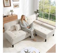 Canapé convertible d'angle 3 places 195 cm avec pouf mobile tissu chenille beige clair