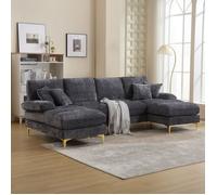 Canapé convertible d'angle en chenille en forme de U, 4 places, avec fauteuil inclinable deux places réglable, bois massif, gris