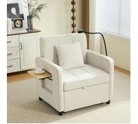 Canapé Convertible Fauteuil-lit 2 en 1 chenille, 1 place avec coussin, poches latérales, table + rangement, 167x79x83cm, Beige