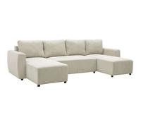 Canapé d'angle convertible panoramique PHARELL 5/6 places - Tissu velours côtelé perle - Coffre de rangement - L297 x P155 x H71/85