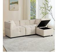 Canapé d’angle 3 places en chenille avec coffre de rangement, pouf modulable et 2 coussins - Beige