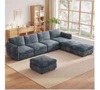 Canapé d’Angle 7 Places Modulable en Tissu, Salon Scandinave avec Méridienne et Poufs, Grand Canapé Confort Design Moderne