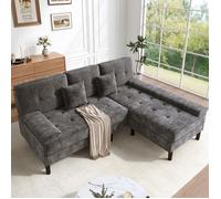 Canapé d’angle convertible 3 places en chenille avec méridienne et pouf mobile gris antique