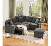 Canapé d’angle convertible EVRYAE 205 x 205 x 85 cm en chenille gris, avec pouf rangement, USB, Type-C et lampe