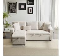 Canapé d’angle convertible réversible beige 214 x 131 x 87 cm avec USB rangement étagère intégrée et 3 coussins