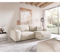 Canapé d’angle Lanzo 230x155 cm velours côtelé beige méridienne réversible avec pouf