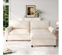 Canapé d’angle modulable 3 places en chenille beige avec pouf mobile coffre, assise profonde et couchage d’appoint